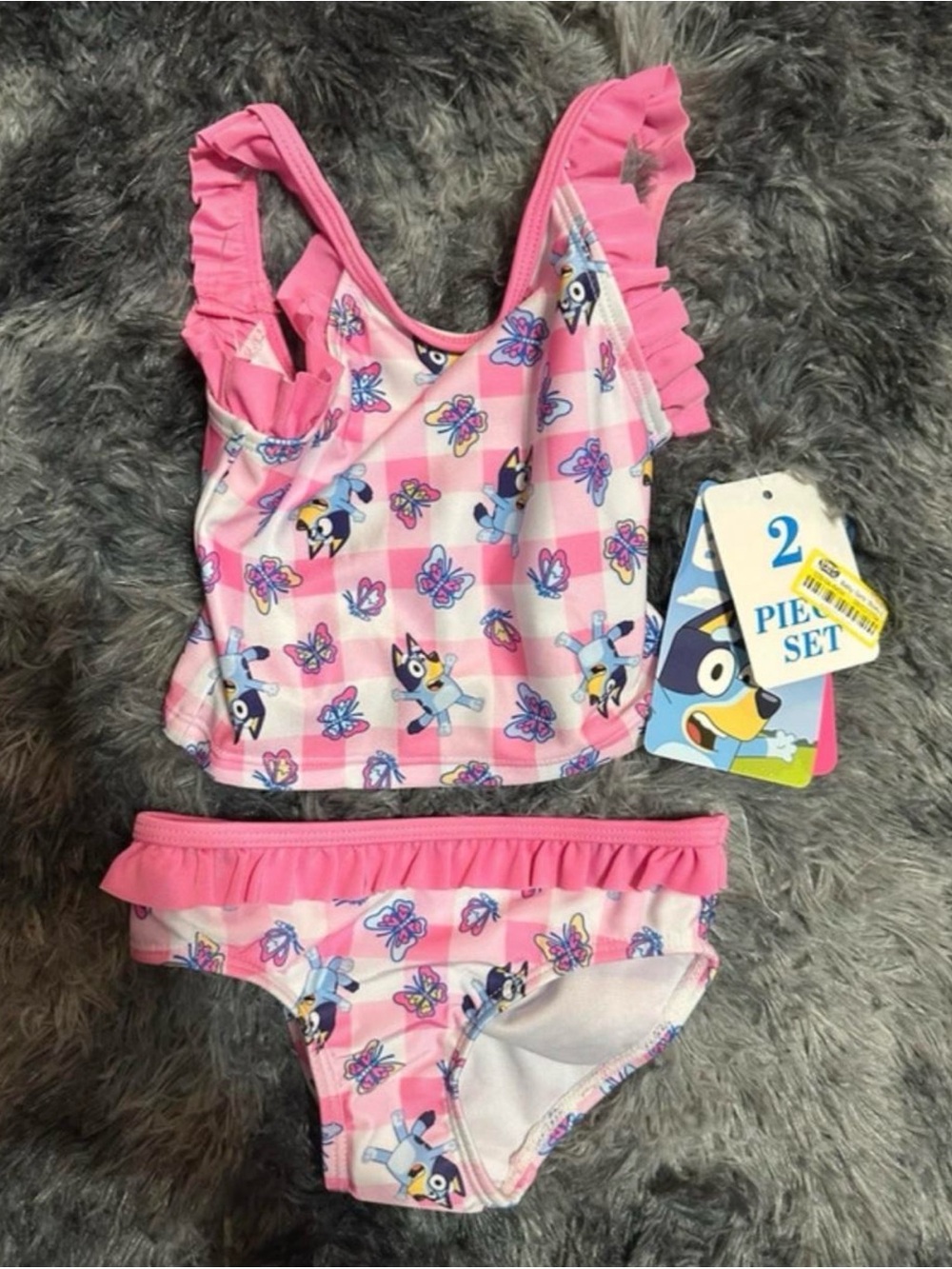 Kids Pink Two-Piece Swim Set with Ruffle - Bluey Print 12m